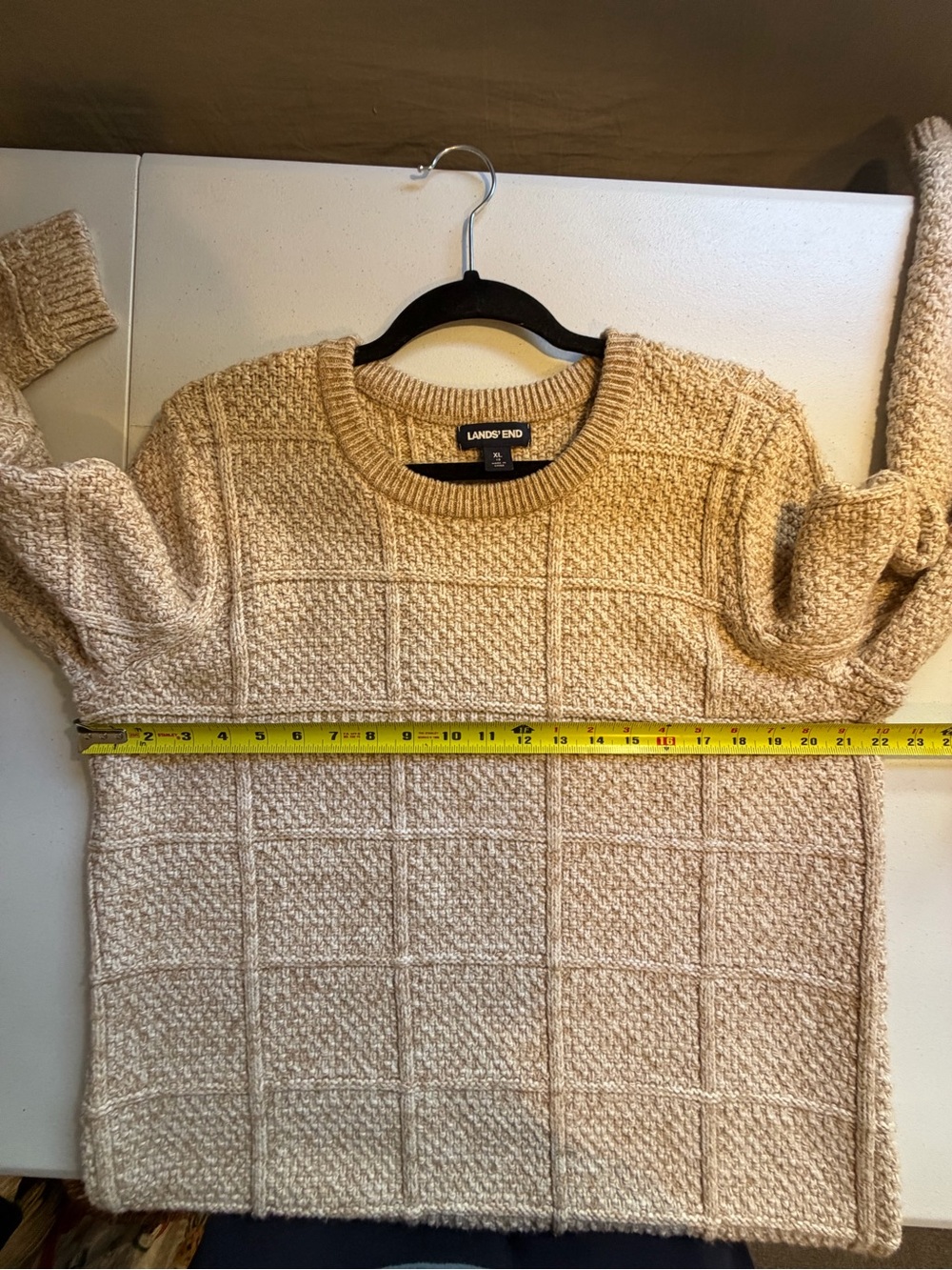 Lands End Brown Tan Cable Knit Fisherman Crewneck Pullover Tunic Sweater Size XL - Picture 9 of 9